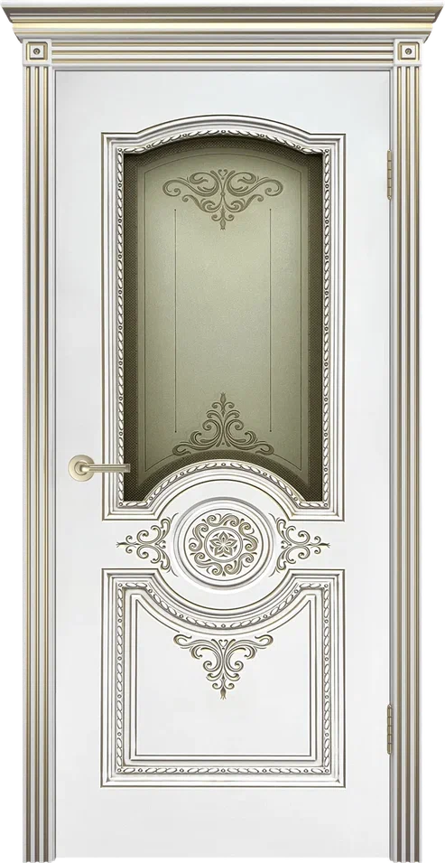 Дверь со стеклом Мерида В3 ПО белая эмаль с патиной золото