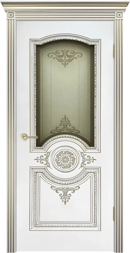 Дверь со стеклом Мерида В3 ПО белая эмаль с патиной золото